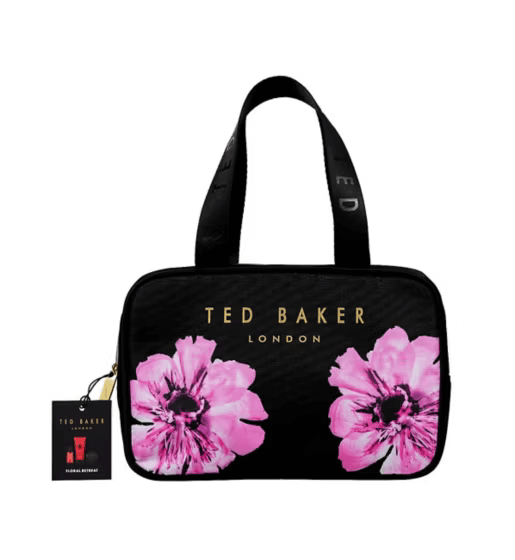 Ted Baker Floral Retreat travel set bag featuring vibrant pink flowers and brand logo.