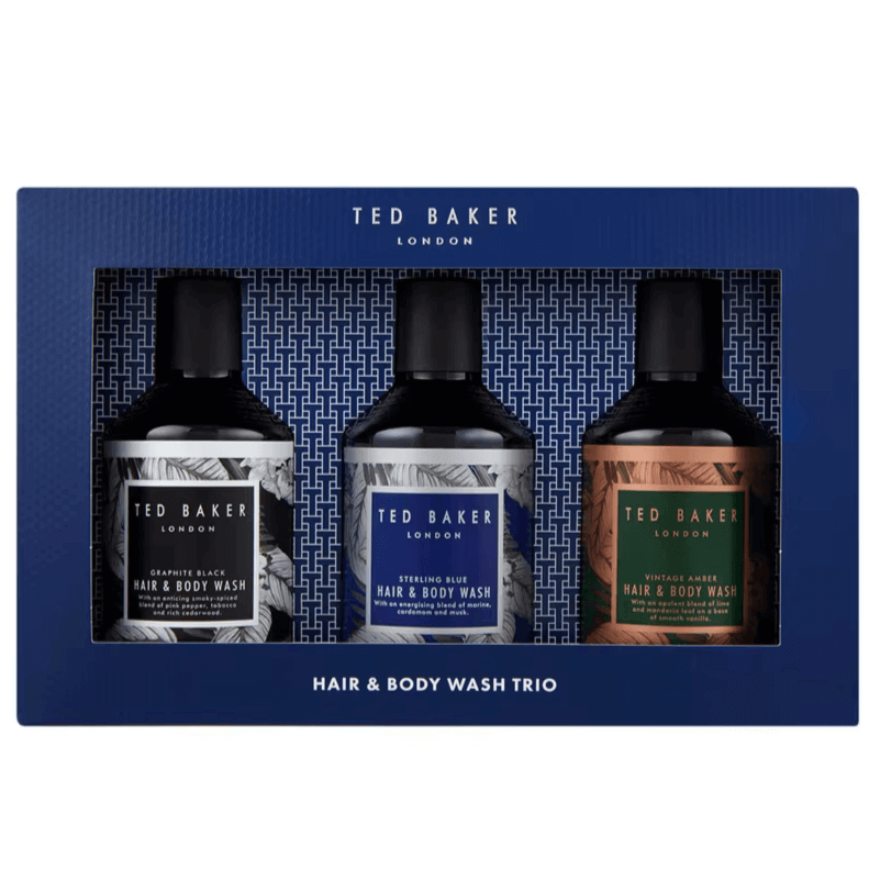 Ted Baker Hair & Body Wash Trio featuring Graphite Black, Sterling Blue, and Vintage Amber in elegant packaging.