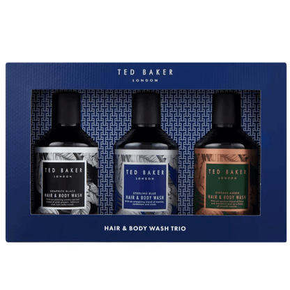 Ted Baker Hair & Body Wash Trio featuring Graphite Black, Sterling Blue, and Vintage Amber in elegant packaging.