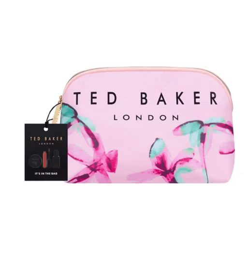 Ted Baker It's In The Bag gift set pouch with floral design and tag showcasing beauty essentials.