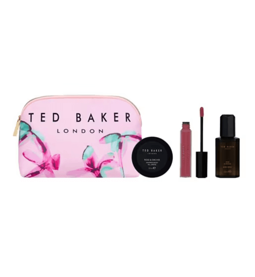 Ted Baker It's In The Bag set featuring a pink cosmetic pouch and beauty essentials for luxury on-the-go.