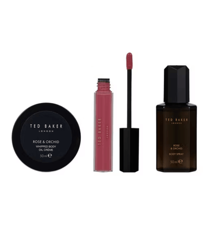 Ted Baker It's In The Bag gift set featuring Rose & Orchid body creme, lip gloss, and body spray.