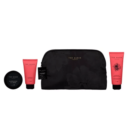 Ted Baker Minis Discovery Collection luxury self-care set with body wash, body oil crème, and hand cream.