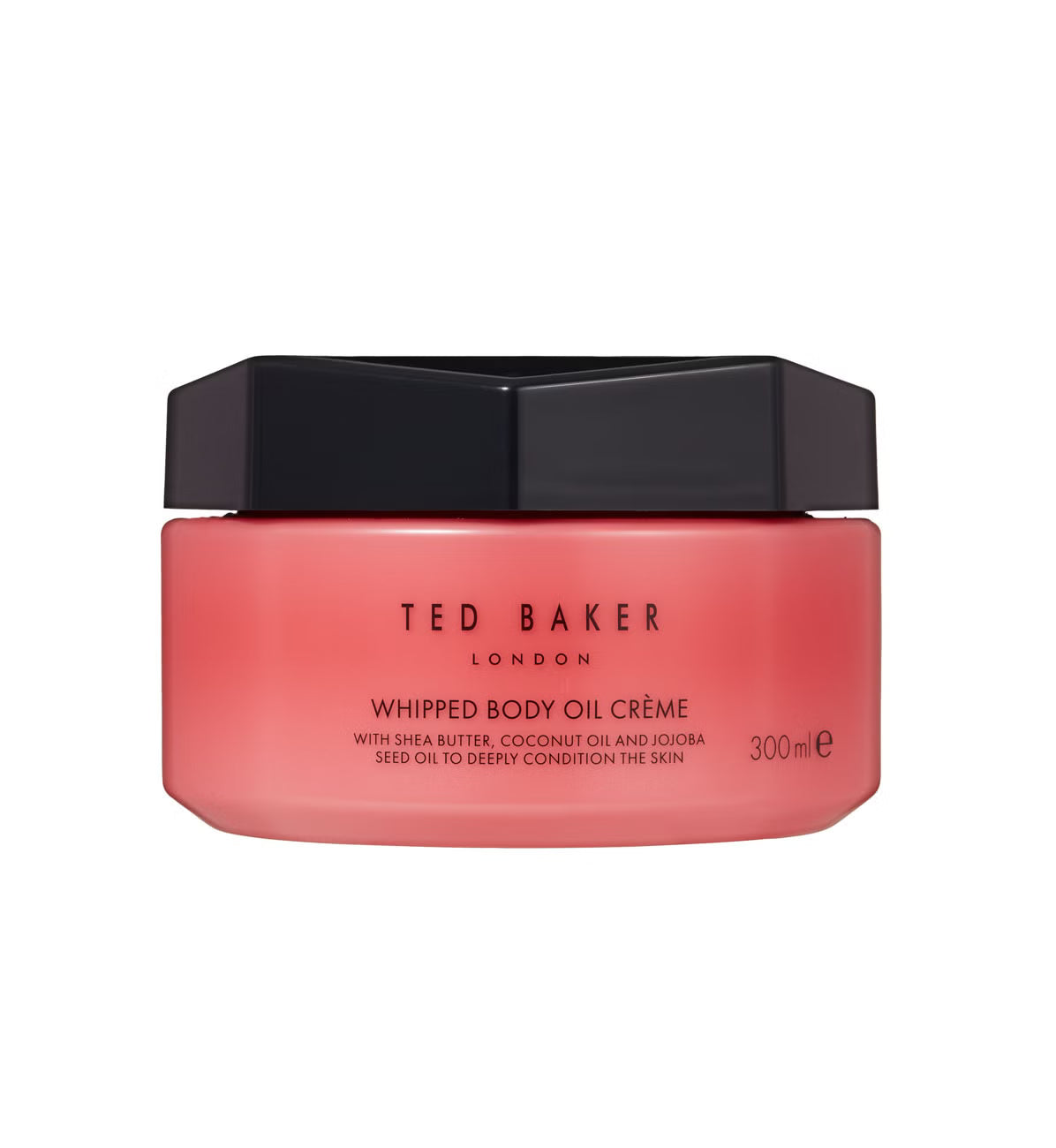 Red jar of Ted Baker Whipped Body Oil Creme with black lid on a white background