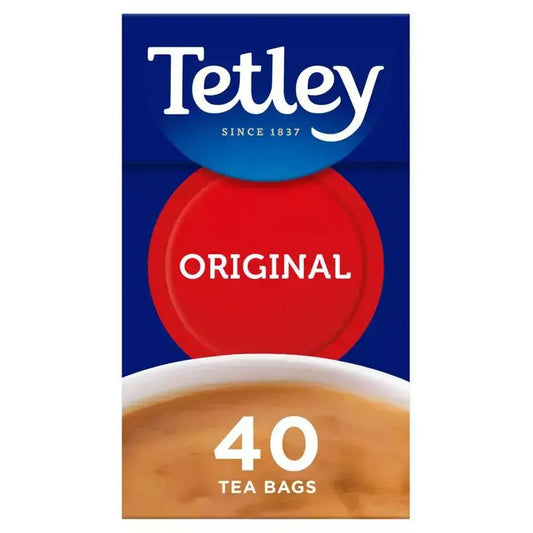 Original Tetley Tea Bags packaging, 40 tea bags, ideal for a full-flavored cup of tea since 1837.