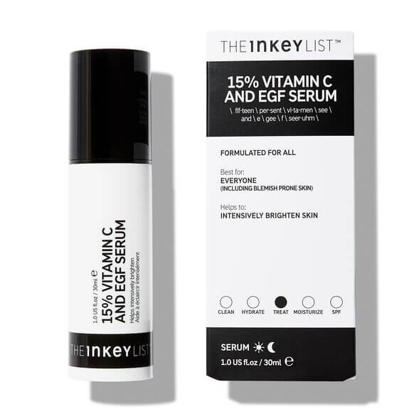 The INKEY List 15% Vitamin C and EGF Serum 30ml in a sleek bottle next to its packaging, designed for brightening skin.