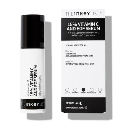 The INKEY List 15% Vitamin C and EGF Serum 30ml in a sleek bottle next to its packaging, designed for brightening skin.