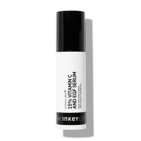 The INKEY List 15% Vitamin C and EGF Serum 30ml in sleek packaging for brightening and revitalizing skin.