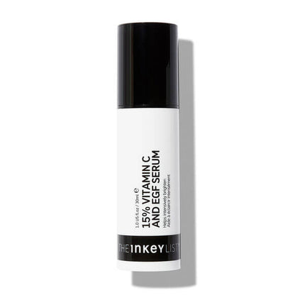 The INKEY List 15% Vitamin C and EGF Serum 30ml in sleek packaging for brightening and revitalizing skin.