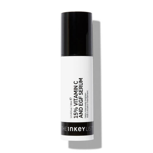 The INKEY List 15% Vitamin C and EGF Serum 30ml in sleek packaging for brightening and revitalizing skin.