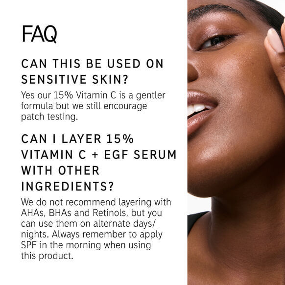 FAQ about The INKEY List 15% Vitamin C and EGF Serum usage on sensitive skin and layering advice.