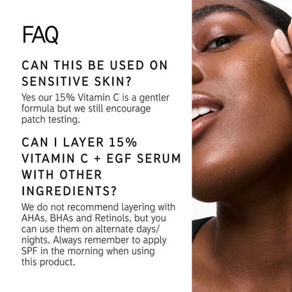 FAQ about The INKEY List 15% Vitamin C and EGF Serum usage on sensitive skin and layering advice.