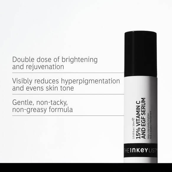 The INKEY List 15% Vitamin C and EGF Serum with benefits of brightening, rejuvenation, and even skin tone.