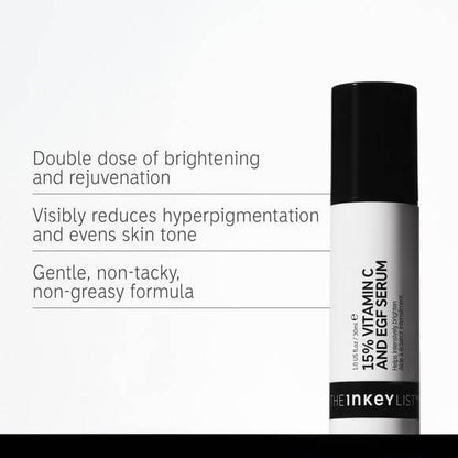 The INKEY List 15% Vitamin C and EGF Serum with benefits of brightening, rejuvenation, and even skin tone.