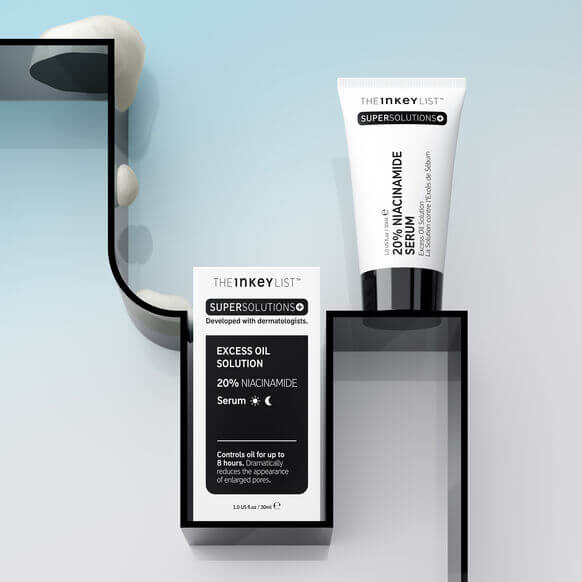 The INKEY List Super Solutions 20% Niacinamide Serum and box on a modern display for oily skin.