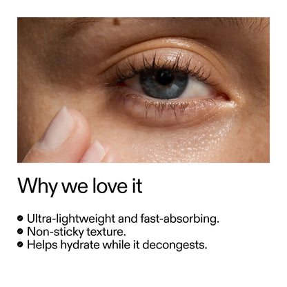 Close-up of an eye highlighting hydration benefits of an ultra-lightweight serum with non-sticky texture.