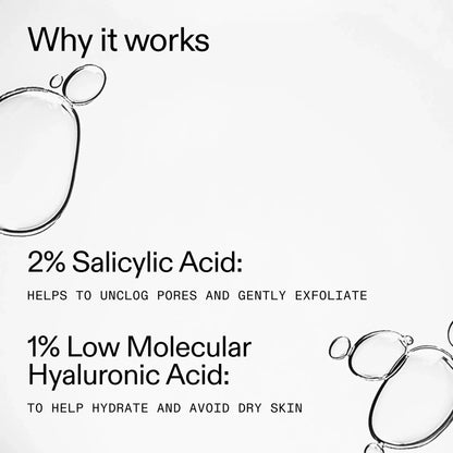 Infographic explaining benefits of 2% Salicylic Acid and 1% Low Molecular Hyaluronic Acid for clearer, hydrated skin.