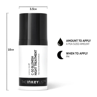 The Inkey List C-50 Blemish Night Treatment bottle with usage instructions for oily skin.