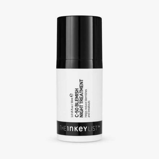 The Inkey List C-50 Blemish Night Treatment for oily skin in a sleek pump bottle.