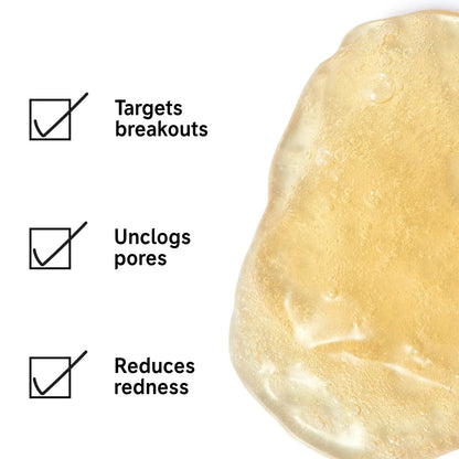 The Inkey List C-50 Blemish Night Treatment showing benefits: targets breakouts, unclogs pores, and reduces redness.