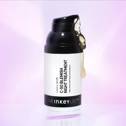 The Inkey List C-50 Blemish Night Treatment bottle showcasing overnight acne solution for oily skin.