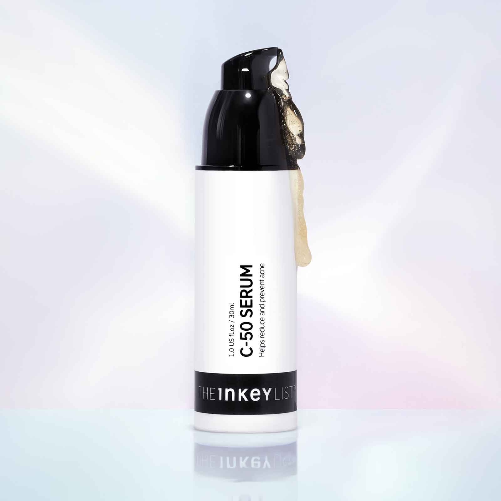 The INKEY List C50 Serum 30ml bottle with serum dispensing, ideal for reducing blemishes and enhancing skin clarity.