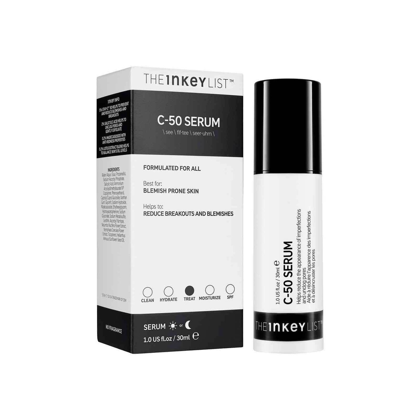 The INKEY List C50 Serum 30ml in box, targeting blemishes and breakouts for clear skin.