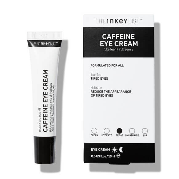 The INKEY List Caffeine Eye Cream 15ml tube and box packaging for reducing tired eyes, suitable for all skin types.