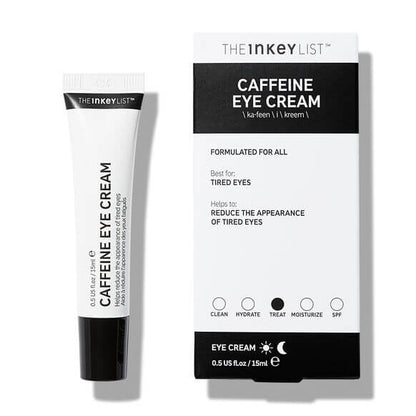 The INKEY List Caffeine Eye Cream 15ml tube and box packaging for reducing tired eyes, suitable for all skin types.