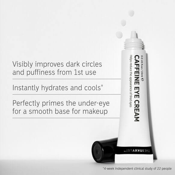 The INKEY List Caffeine Eye Cream tube highlighting benefits for dark circles and puffiness, 15ml size.
