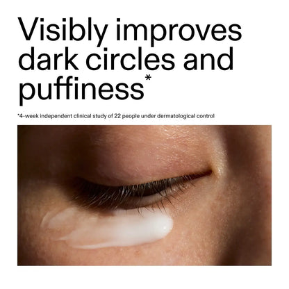 Close-up of an eye with cream applied, highlighting improvement of dark circles and puffiness.