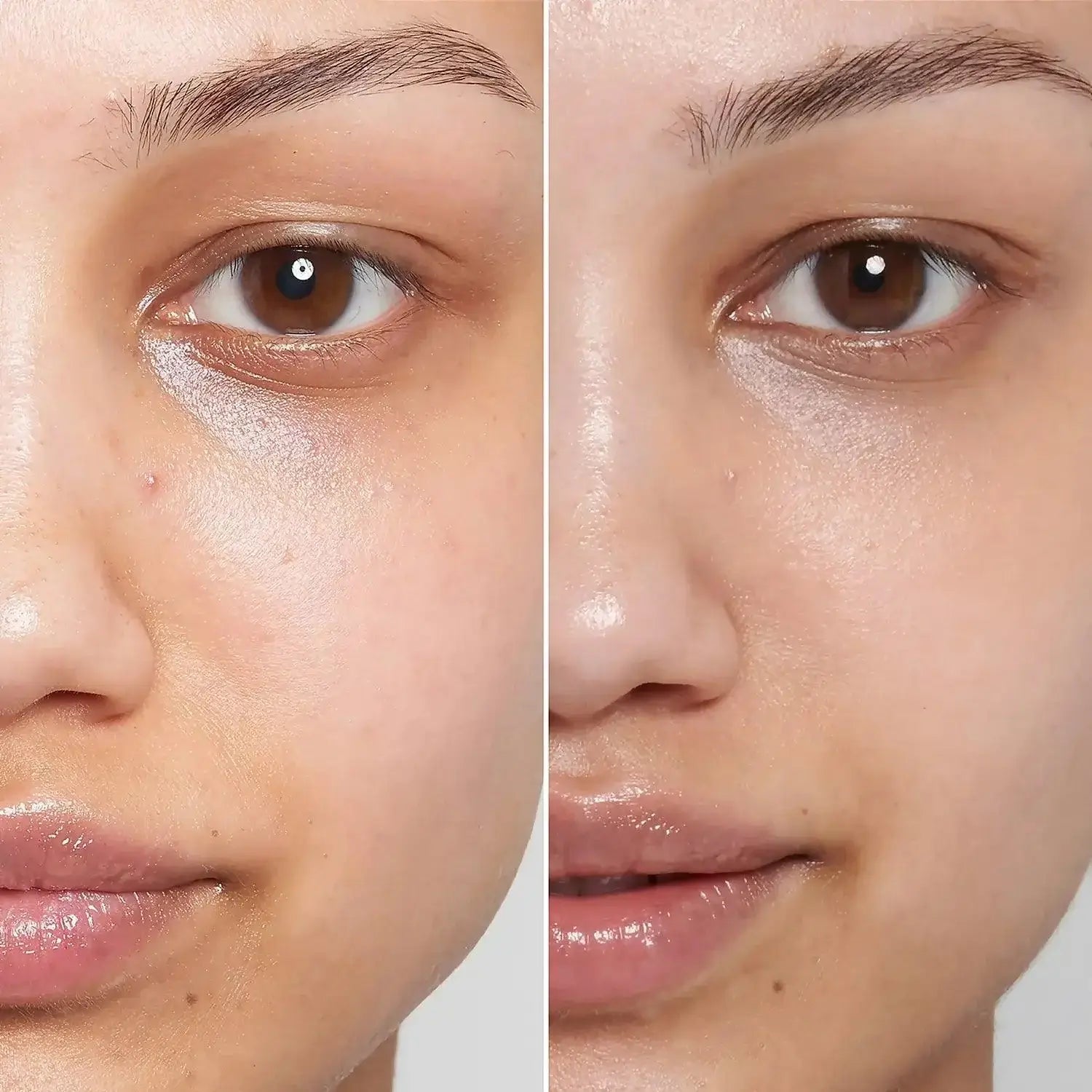 Before and after using The INKEY List Caffeine Eye Cream showcasing brightened under-eye area.