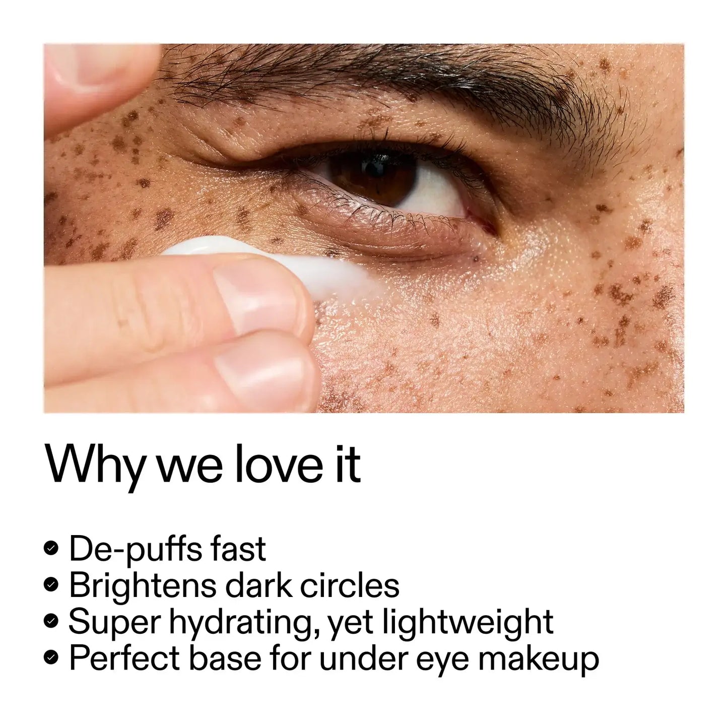 Close-up of an eye using The INKEY List Caffeine Eye Cream, highlighting its hydrating and de-puffing benefits.