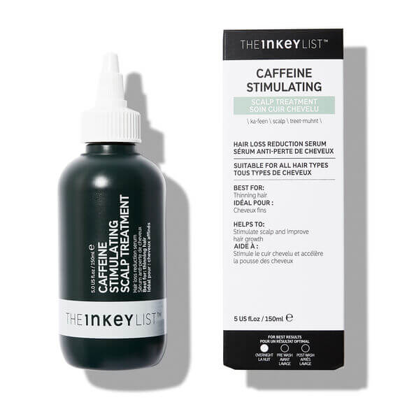 The INKEY List Caffeine Stimulating Scalp Treatment 150ml bottle and box for promoting fuller hair overnight.