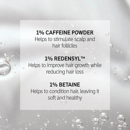 Ingredients of The INKEY List Caffeine Treatment: 1% Caffeine Powder, 1% Redensyl™, 1% Betaine for healthier hair.