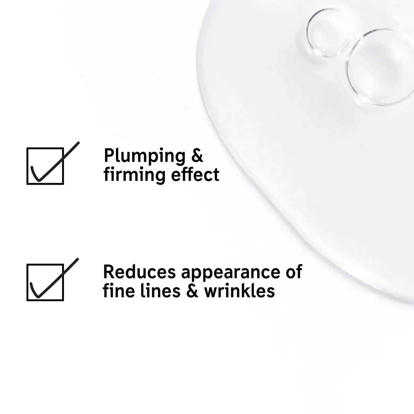 The Inkey List Clear serum drop highlighting plumping, firming effects and reducing fine lines, ideal for youthful skin.