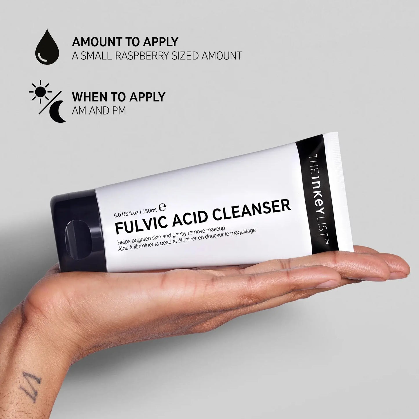 The INKEY List Fulvic Acid Cleanser in hand, showcasing application amount and usage instructions for all skin types.
