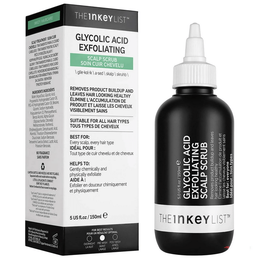The INKEY List Glycolic Acid Exfoliating Scalp Scrub 150ml in bottle with box, designed to refresh scalp and revitalize hair.