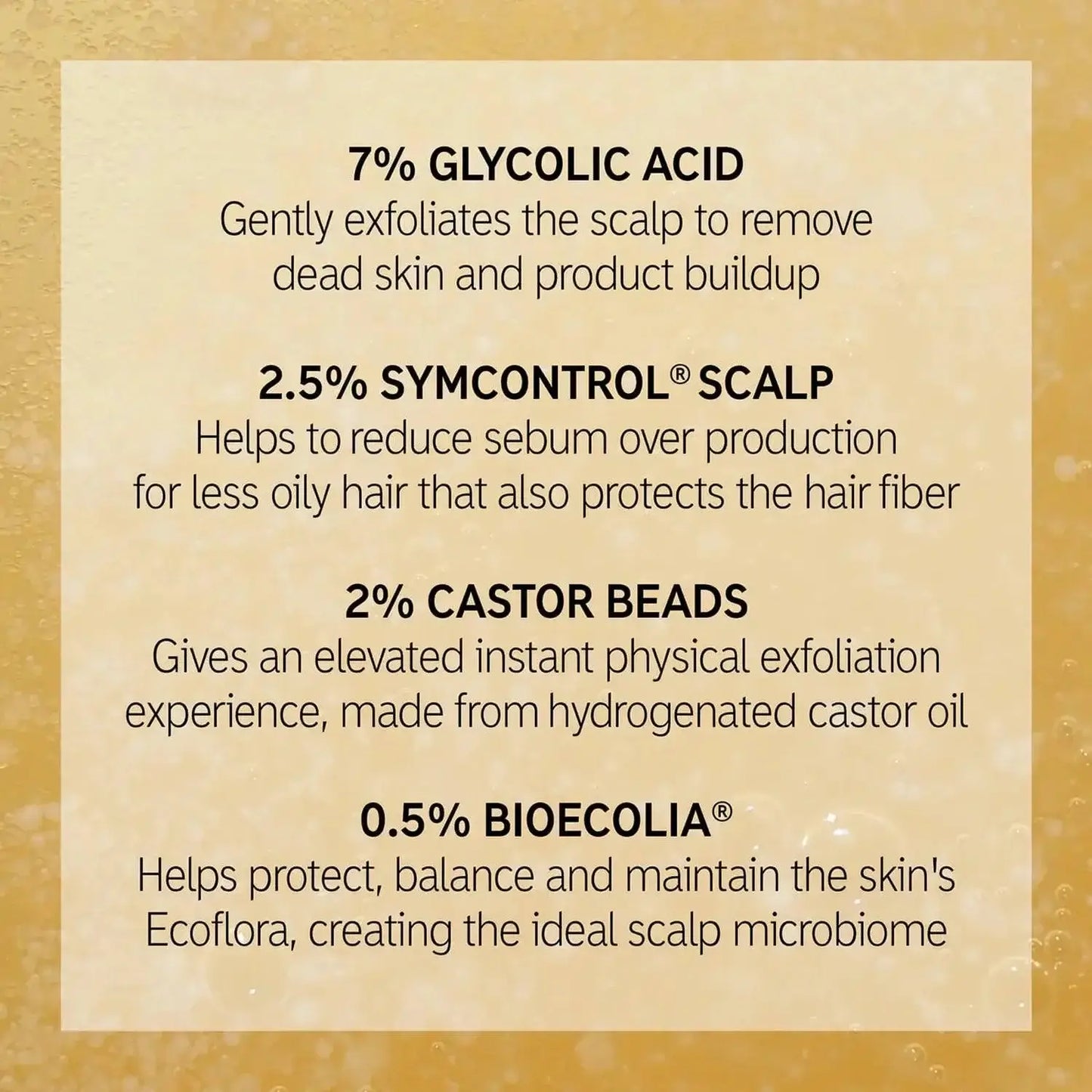 Ingredients of The INKEY List Glycolic Acid Exfoliating Scalp Scrub highlighting glycolic acid, Symcontrol, castor beads, and Bioecolia.