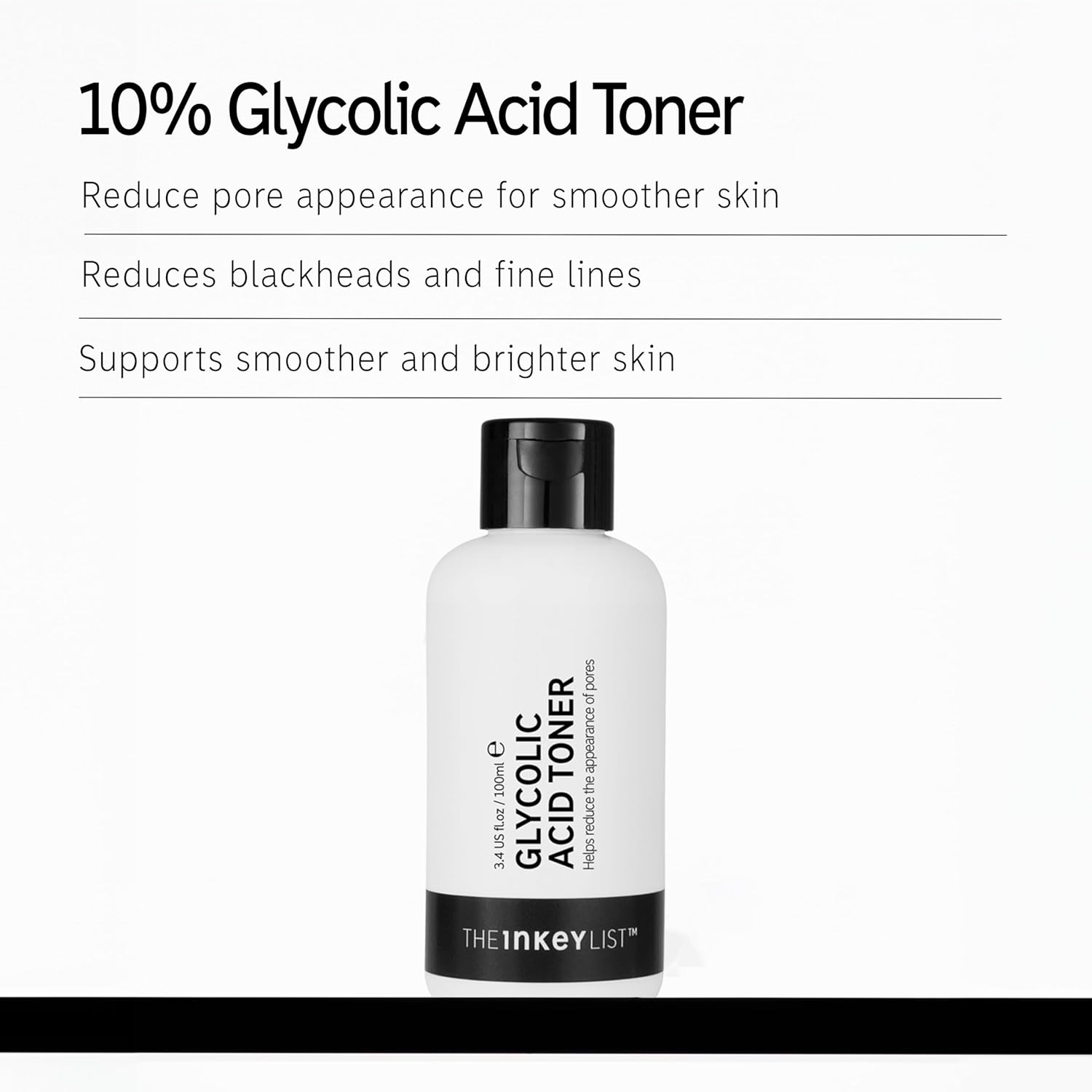 The INKEY List 10% Glycolic Acid Toner bottle with text on a white background