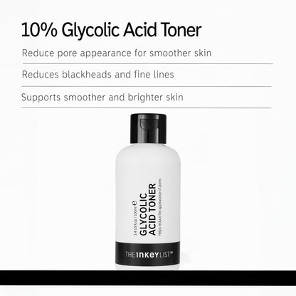 The INKEY List 10% Glycolic Acid Toner bottle with text on a white background