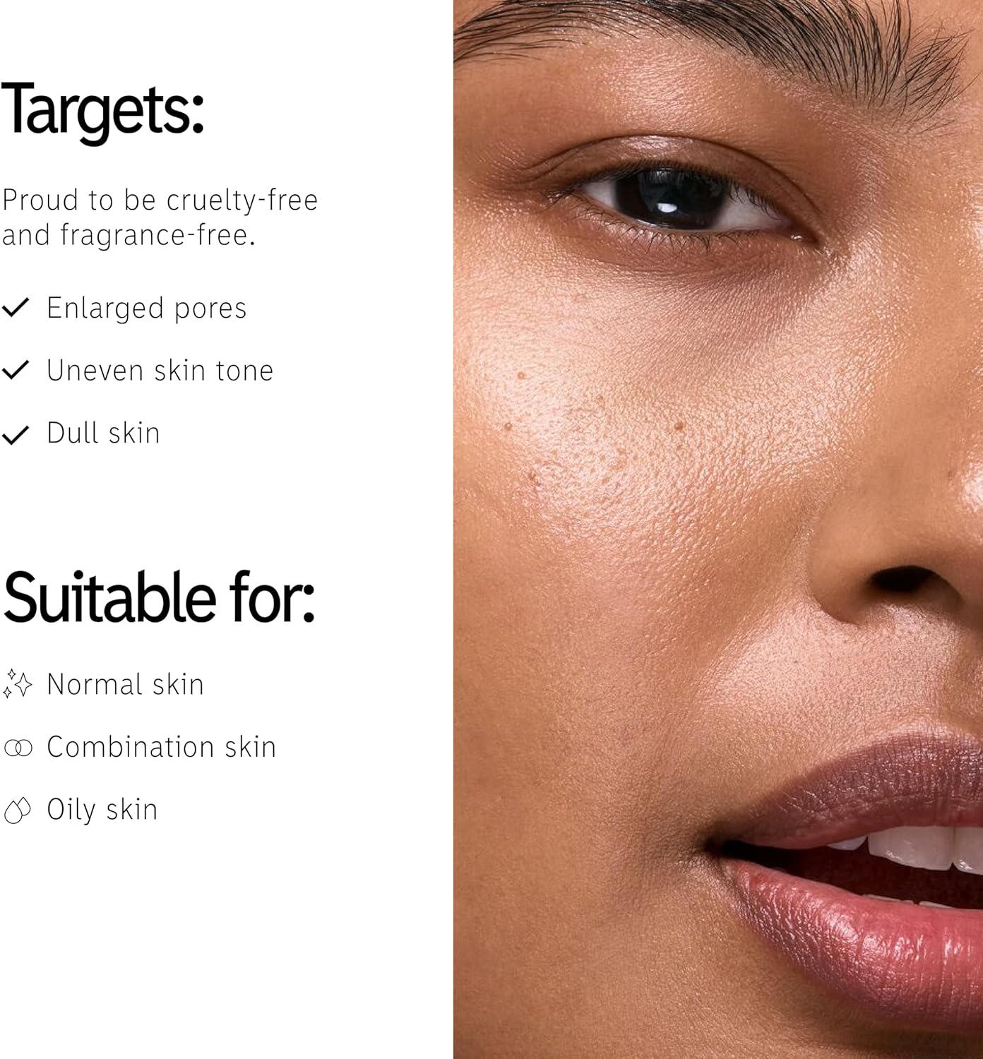 Close-up of a person's face with text about The INKEY List product targets and suitability for skin types.