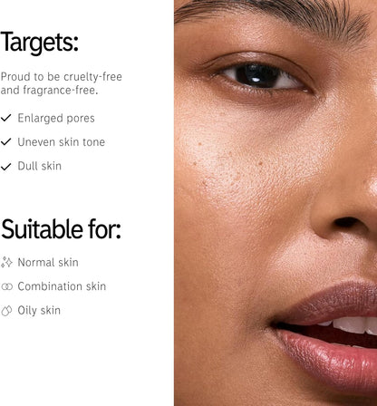 Close-up of a person's face with text about The INKEY List product targets and suitability for skin types.