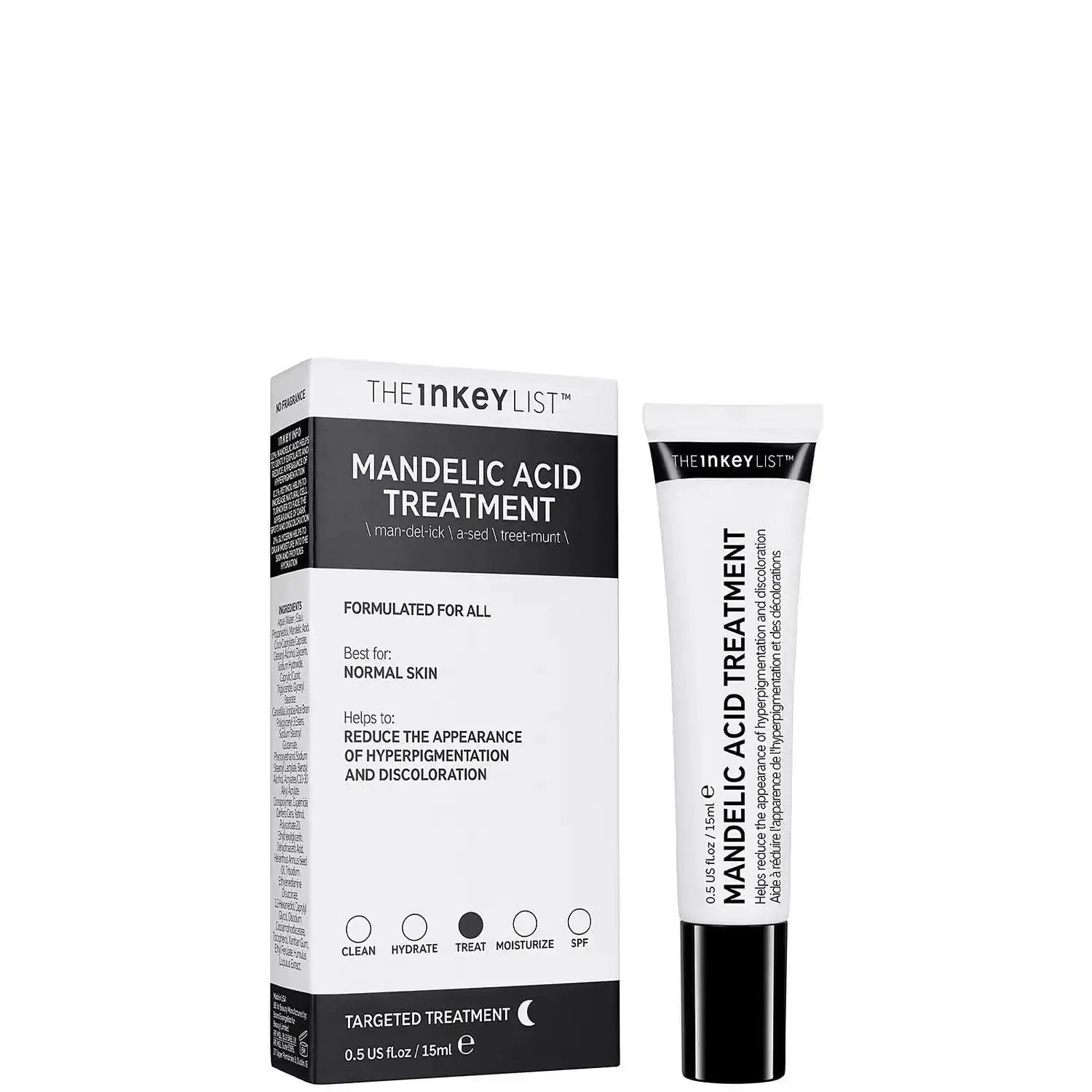 The INKEY List Mandelic Acid Treatment tube and box for reducing hyperpigmentation and improving skin texture.