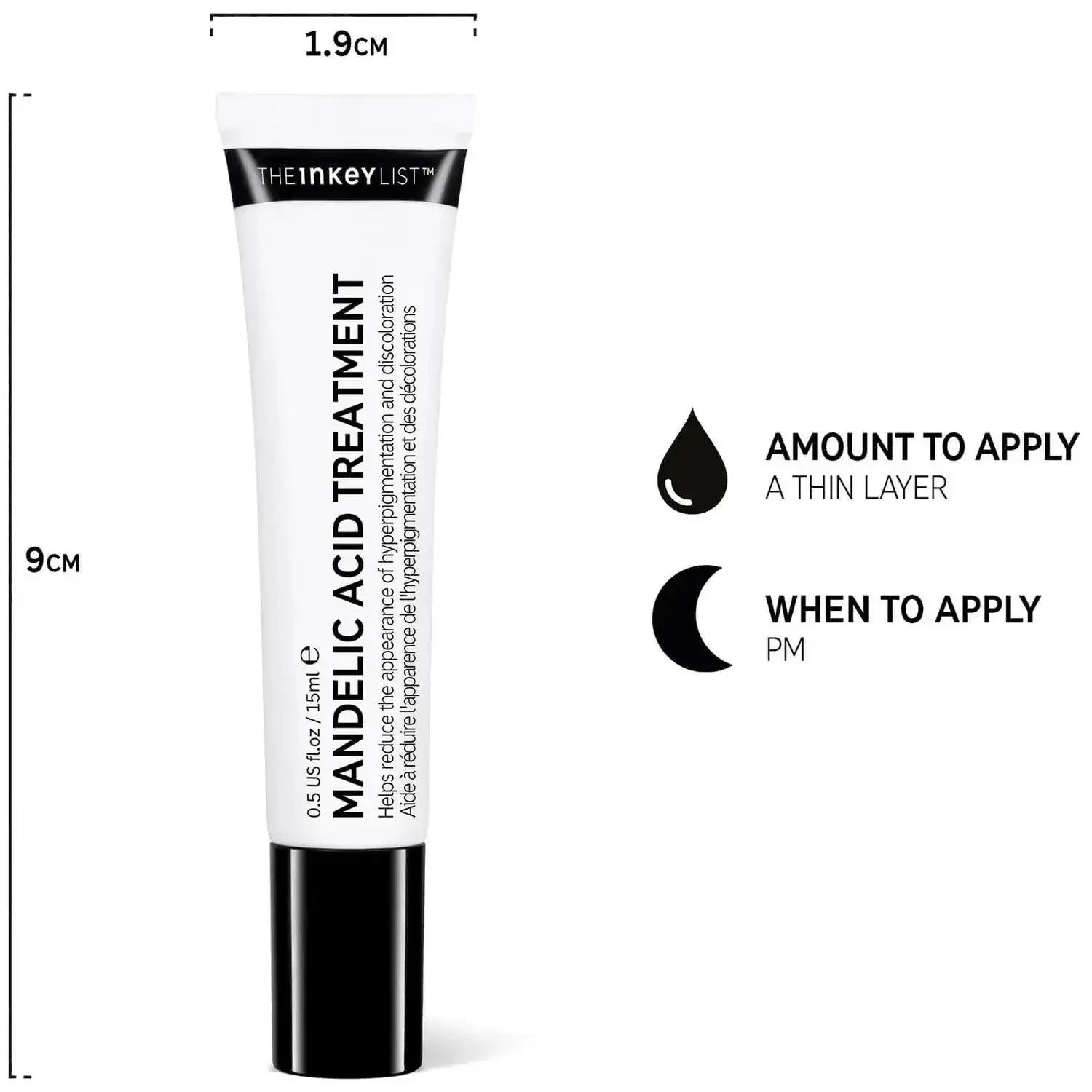 The INKEY List Mandelic Acid Treatment 15ml tube showing application instructions for clear skin.