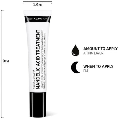 The INKEY List Mandelic Acid Treatment 15ml tube showing application instructions for clear skin.