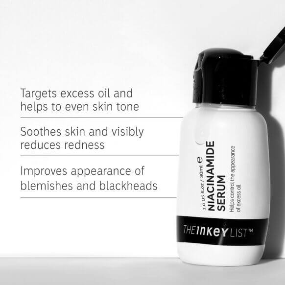 The INKEY List Niacinamide Serum 30ml bottle, targets excess oil, reduces redness, improves skin clarity.