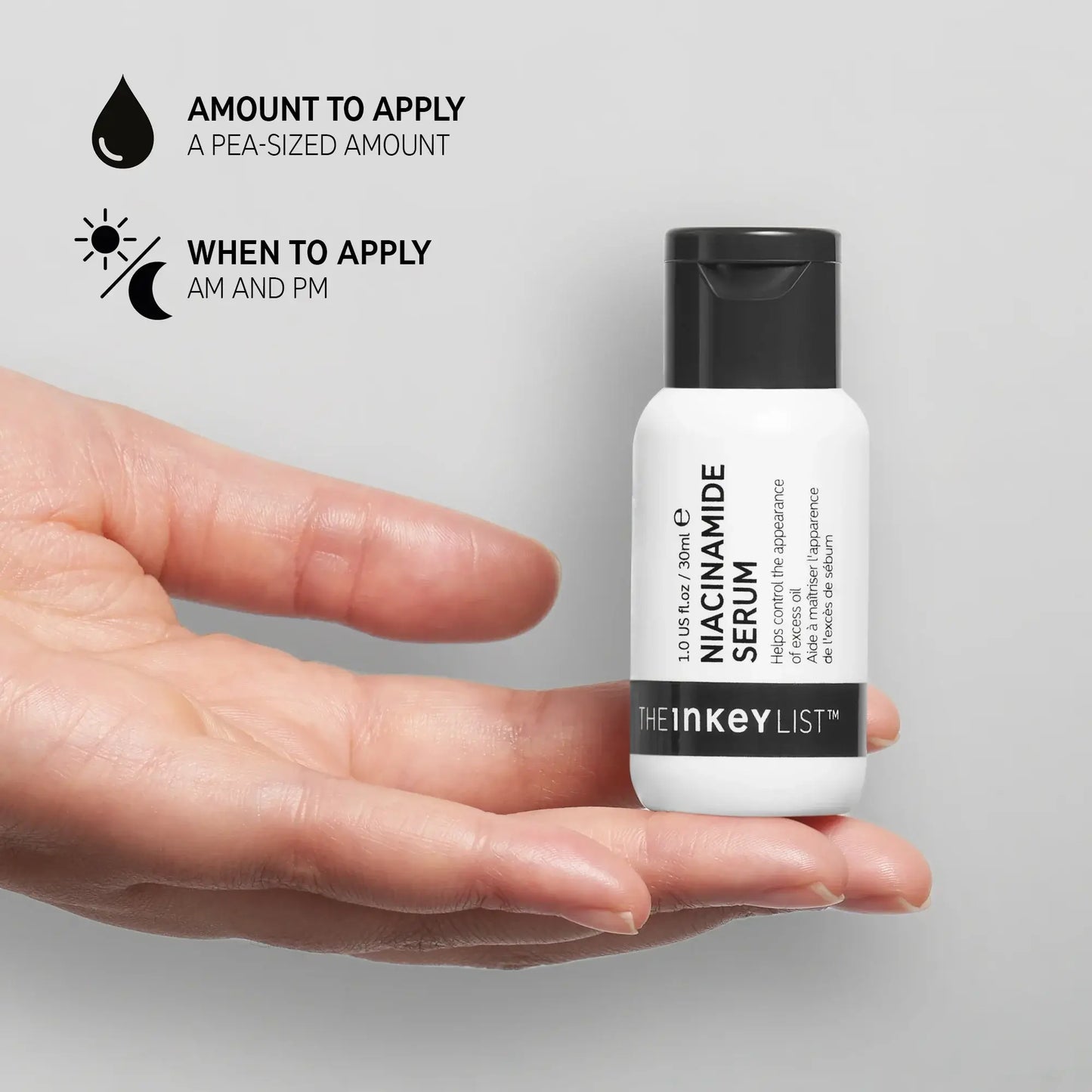 The INKEY List Niacinamide Serum bottle displayed in a hand, showing application tips for oily skin.
