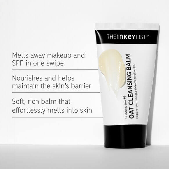 The INKEY List Oat Cleansing Balm 150ml packaging, melts makeup, nourishes skin barrier, soft texture.