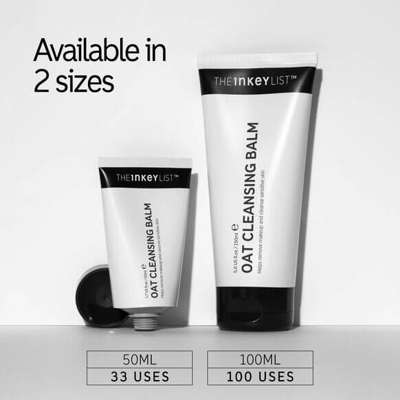 The INKEY List Oat Cleansing Balm in two sizes: 50ml and 100ml, showcasing product use and benefits.
